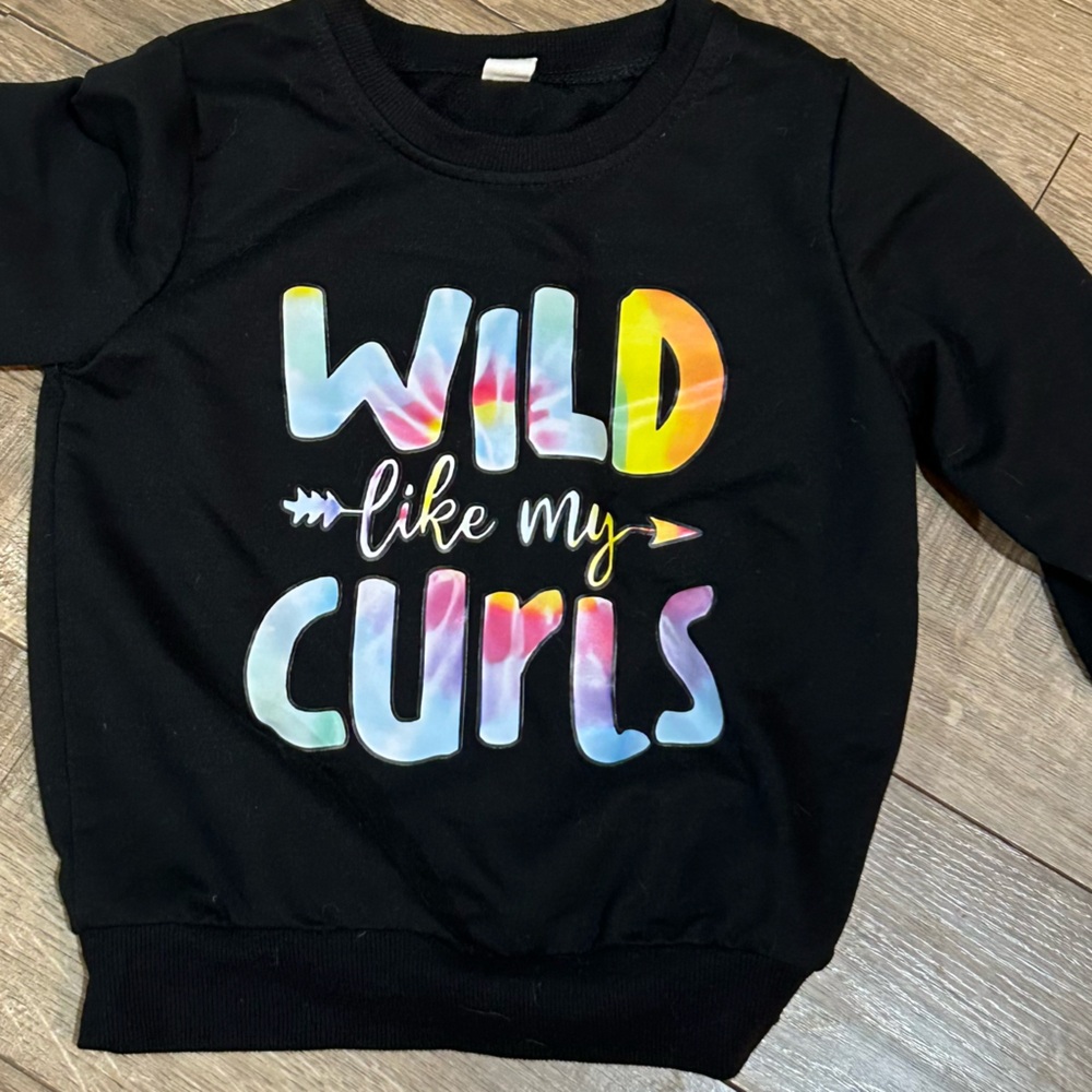 “Wild Like My Curls” Girls 2-3 Years Black Sweatshirt With Rainbow Lettering